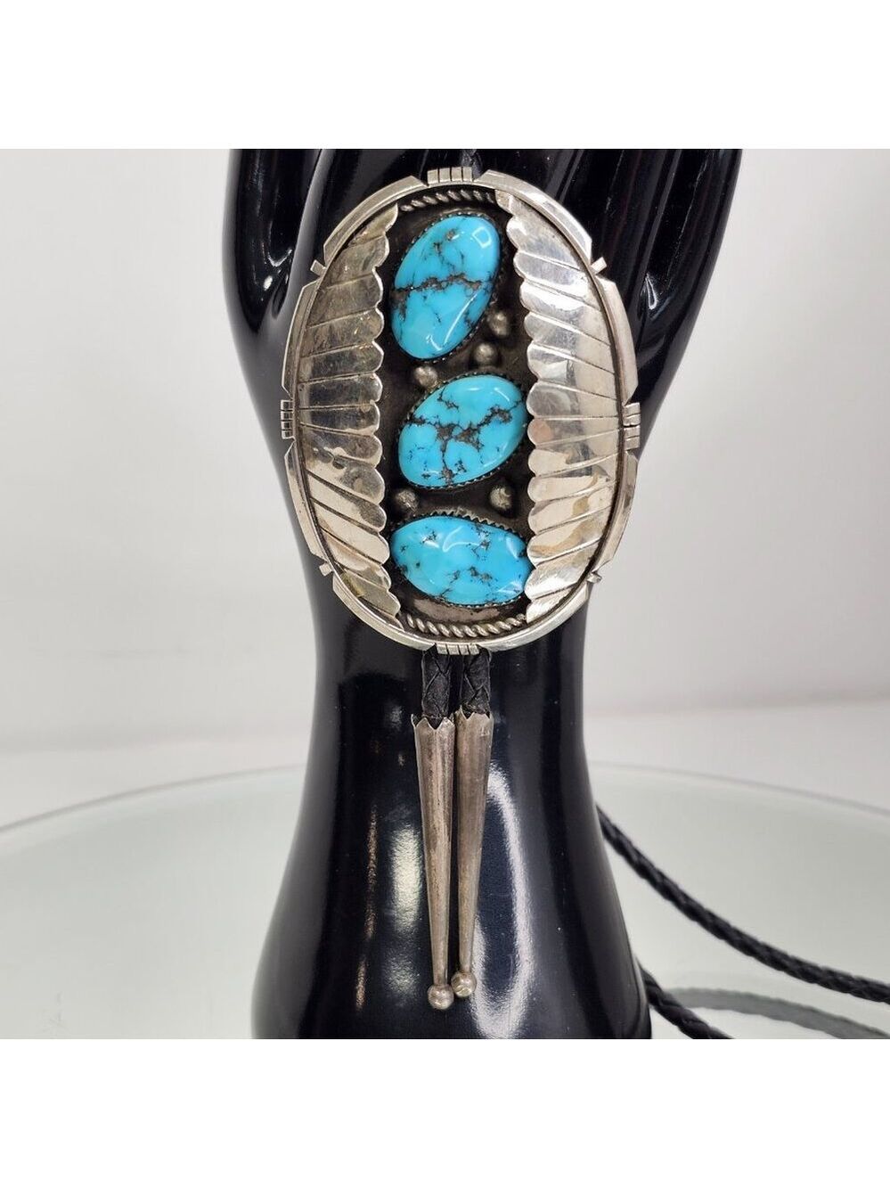 Navajo Turquoise Sterling Silver Bolo Tie With 3 Stones Beautiful Color Stones